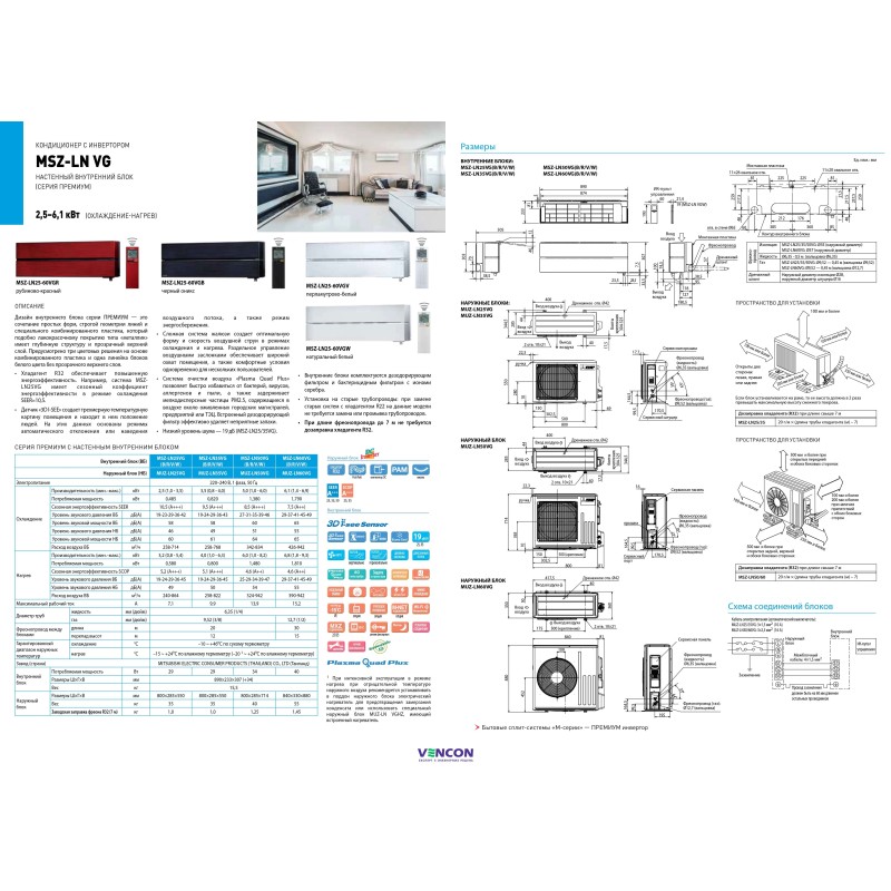 Кондиционер сплит-система Mitsubishi Electric Premium Inverter MSZ-LN60VGV-E1/MUZ-LN60VG-E1